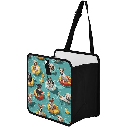 Car Trash Can Organizer Bin with Adjustable Strap for Back Front Seat Console Waterproof Leakproof Collapsible Portable 8.66 Inch Teal Swimming Pool Dogs and Ducks