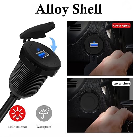 Alloy Single Port USB 3.0 Dashboard Port Car Mount Flush Cable, Male to Female Waterproof Extension Cable for Car Truck Boat Motorcycle with LED Indicator - 3ft