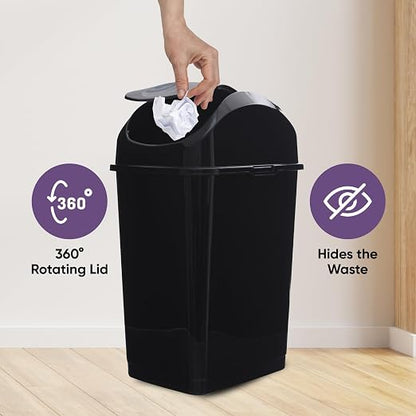 Superio Kitchen Trash Can with Swing Top Lid 9 Gallon Slim Waste Bin 37 Qt Sturdy Plastic Garbage Can Medium Recycling Bin for Office, Bathroom, Under Counter, Dorm, Bedroom (Black-2 Pack)