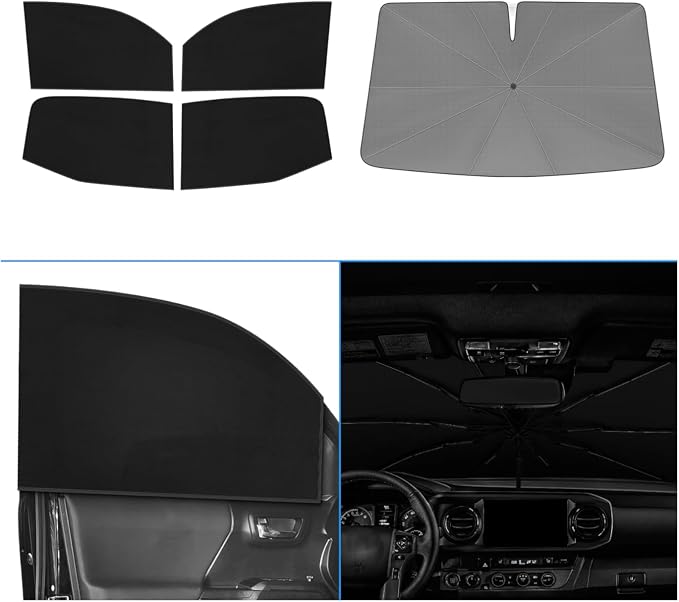 KUST Windshield Sun Shade Umbrella for Toyota Tacoma Double Cab 2016 2017 2018 2019 2020 2021 2022 2023 Rear Window Shades 100% UV Protection and Blackout Privacy 5PCS Car Window Covers Accessories