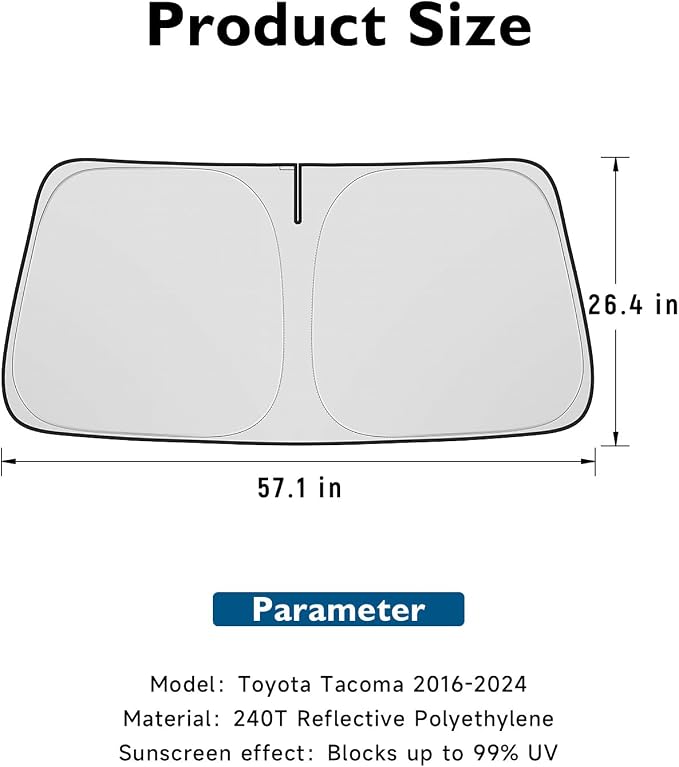 BIBLOZ Car Windshield Sun Shade for Toyota Tacoma 2016-2025 2026, SR, SR5, Limited, TRD Sport, TRD Off Road Accessories Foldable Car PET Sunshade Keeps The Cool Inside