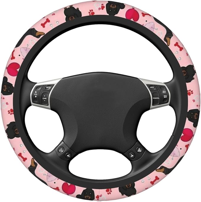 Car Steering Wheel Cover with Anti-Slip Lining, Universal 15 inch Wheel Cover, Fashion Car Interior Accessories for Women Men - Cute Pink Dachshund