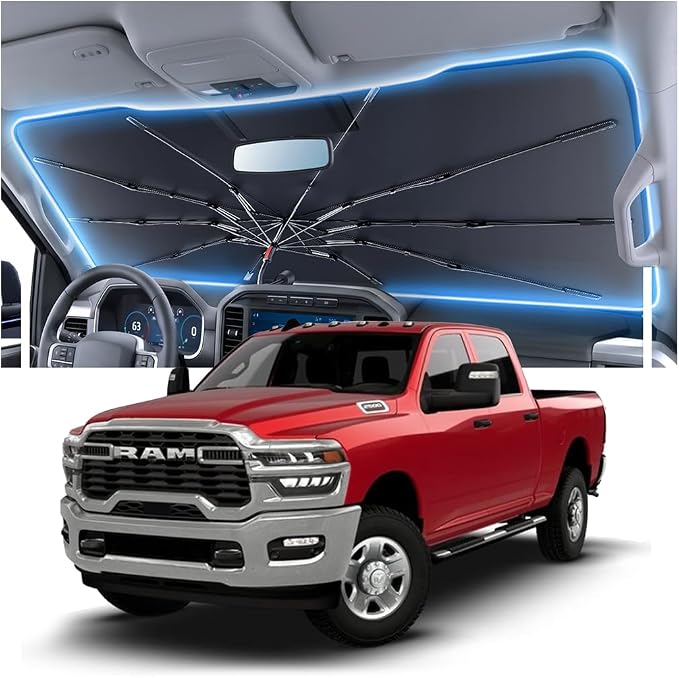 Car Windshield Sun Shade Umbrella for Ram-2500/3500 2011~2026(Ice Crystal + Fabric + Black Film), Keeps Car Cool, Foldable Sunshade with Soft Edge, Easy Storage with Bag