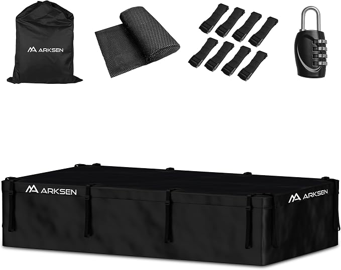ARKSEN Extra-Wide 42 Cubic Feet Waterproof Rooftop Cargo Carrier Bag Heavy Duty Car Roof Rack Bag for Full-Size Cars w/ 8 Door Hook Straps +1 Combination Lock, 12 Reinforced Straps & Anti-Slip Mat