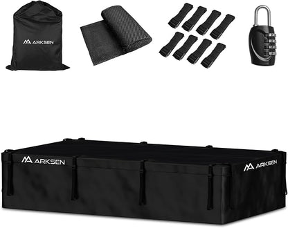 ARKSEN Extra-Wide 42 Cubic Feet Waterproof Rooftop Cargo Carrier Bag Heavy Duty Car Roof Rack Bag for Full-Size Cars w/ 8 Door Hook Straps +1 Combination Lock, 12 Reinforced Straps & Anti-Slip Mat