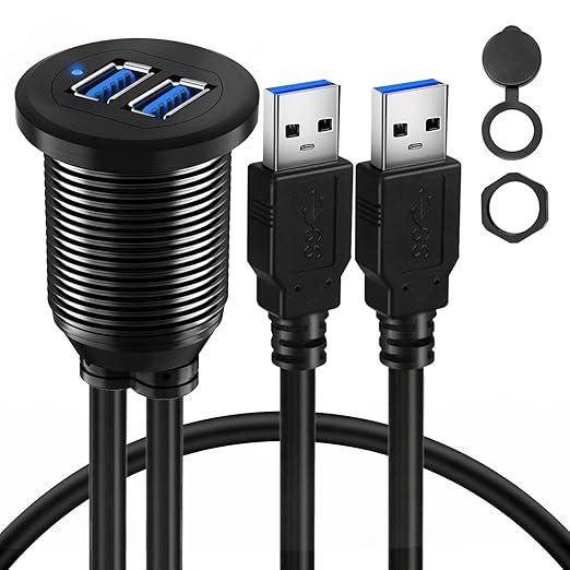Alloy Dual Port USB 3.0 Car Dashboard Flush Mount Cable, Male to Female with LED Indicator Extension Cable for Car Truck Boat Motorcycle Dashboard Panel 1ft