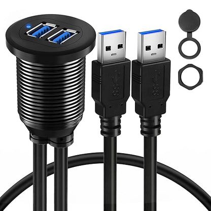 Alloy Dual Port USB 3.0 Car Dashboard Flush Mount Cable, Male to Female with LED Indicator Extension Cable for Car Truck Boat Motorcycle Dashboard Panel 1ft