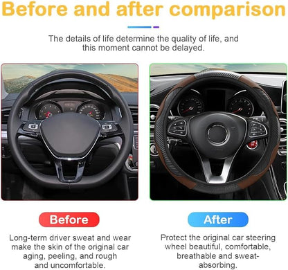 Osilly Car Steering Wheel Cover, 15 inch Carbon Fiber Microfiber PU Leather Elastic Steering Wheel Protector for Men Women, Anti-Slip Breathable Car Interior Accessories for Most Cars (Black/Coffee)
