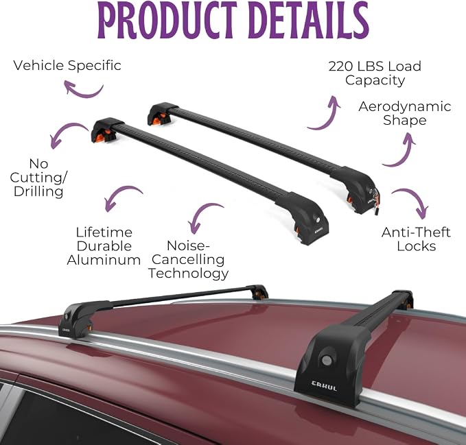 ERKUL Roof Rack Cross Bars for Mitsubishi Outlander & Outlander PHEV 2022-2026 (Not fit for Outlander Sport) | Aero Aluminum Crossbars with Smart Clamp System | Compatible with Flush Rails - Black