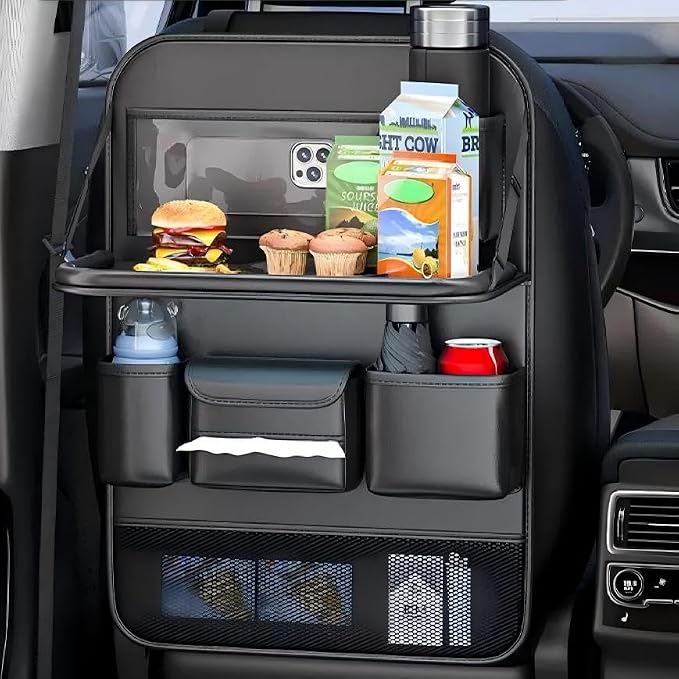 Car Backseat Organizer with Tray – Back of Car Seat Organizer & Storage Caddy, Sturdy Back Seat Organizer with Touch Screen for Tablet, Snacks, Drinks, Tissues... | Waterproof, Universal Fit | 1 Pack