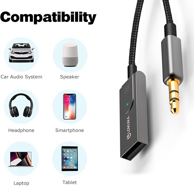 Bluetooth 5.3 to Aux Adapter for Car, USB to TRS 3.5mm Receiver - Adds Bluetooth to Car, Speaker, Home Stereo Audio for Hands-Free Calls, Voice Navigation, Phone Music - Brown