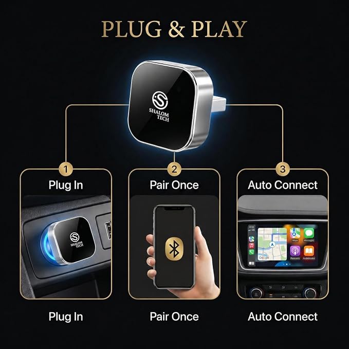 Wireless Car Play Adapter & Car Play Wireless Adapter 2-in-1, SHALOM TECH 5.8GHz Wired to Wireless Dongle, Plug & Play for Factory Wired CarPlay Cars, USB A USB C - (Silver).