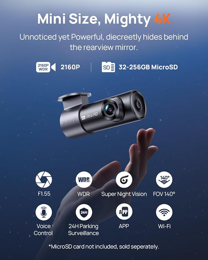 70mai M310 Plus 4K Dash Cam Front with Night Vision, 140° Wide Angle Dash Camera for Cars, WiFi Dashcam with App, Parking Mode, G-Sensor, Loop Recording, Voice Control, Easy Install Car Camera