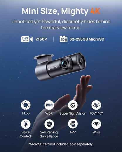 70mai M310 Plus 4K Dash Cam Front with Night Vision, 140° Wide Angle Dash Camera for Cars, WiFi Dashcam with App, Parking Mode, G-Sensor, Loop Recording, Voice Control, Easy Install Car Camera