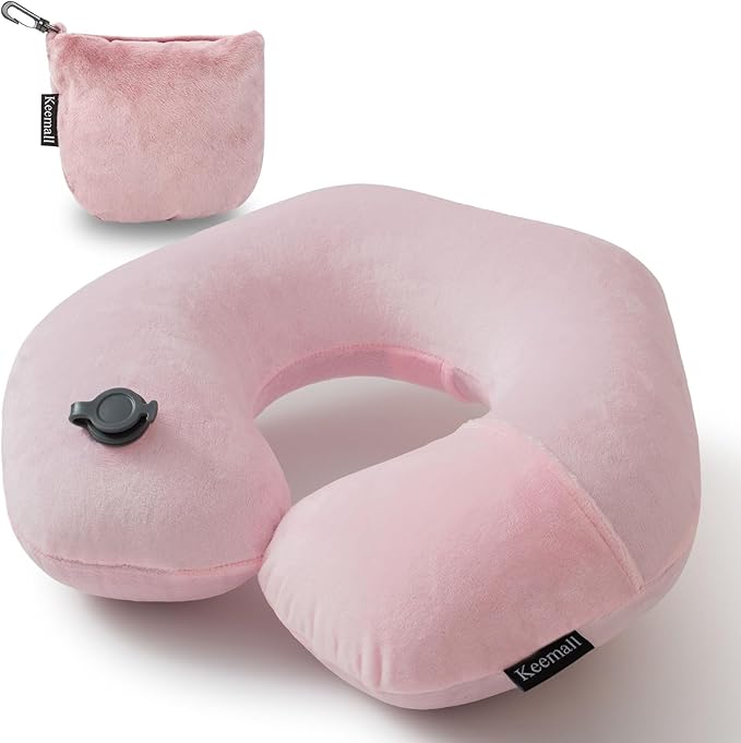 Keemall Inflatable Neck Pillow,Inflatable Travel Pillow Premium Pink U-Shaped with Soft Washable Cover, Compact Portable Airplane Travel Essentials for Flight, Car and Office, Travel Gift for Women