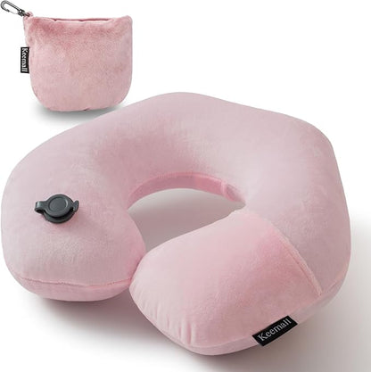Keemall Inflatable Neck Pillow,Inflatable Travel Pillow Premium Pink U-Shaped with Soft Washable Cover, Compact Portable Airplane Travel Essentials for Flight, Car and Office, Travel Gift for Women