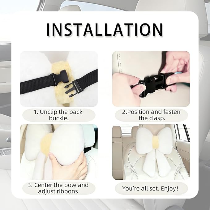 Sexysamba 2 Pcs Plush Bow Car Headrest Neck Pillow Cute Bow Pillow for Car Seat Décor Soft Neck Support for Comfortable Driving Traveling Office Fluffy Head Rest Cushion, White
