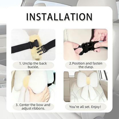 Sexysamba 2 Pcs Plush Bow Car Headrest Neck Pillow Cute Bow Pillow for Car Seat Décor Soft Neck Support for Comfortable Driving Traveling Office Fluffy Head Rest Cushion, White