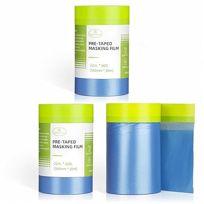 Tangibay Pre-Taped Masking Film for Painting - 22" x 66' Painters Plastic Sheeting with Automotive Paint Tape and Drape for Covering Cars, Walls, Windows and Furniture Protection (3 Rolls)