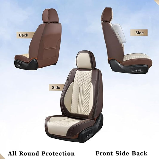 Coverado Leather Car Seat Covers Full Set, 5 Seats Waterproof Seat Covers for Cars Front and Rear Seat Cushions Protectors Universal Fit Most Vehicles (Bronw&Beige)