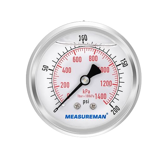 MEASUREMAN 2-1/2inch Dial Size, Glycerin Filled Pressure Gauge, 0-200psi/kpa, 304 Stainless Steel Case, 1/4inchNPT Center Back Mount