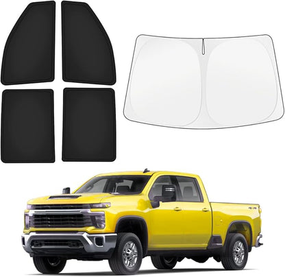 KUST Car Window Shades for Chevy Silverado 2500/3500 (Crew Cab) 2020-2025 2026 Windshield Sun Shade Side Window Cover UV Block Privacy Protection Accessories for Camping Blackout Rear Back Full 5PCS