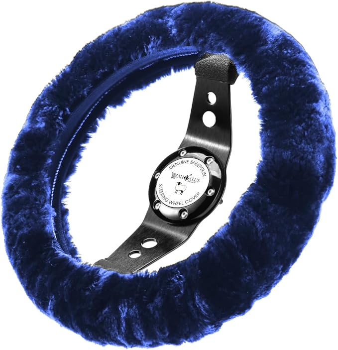 Andalus Brands Luxury Fluffy Car Steering Wheel Covers – Genuine Merino Sheepskin, Soft Fuzzy Car Steering Wheel Cover for Women, Universal 14.5-15" Size, Plush Fur Cute Auto Accessories, Navy
