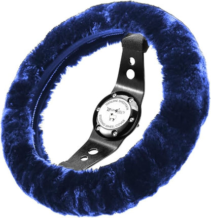 Andalus Brands Luxury Fluffy Car Steering Wheel Covers – Genuine Merino Sheepskin, Soft Fuzzy Car Steering Wheel Cover for Women, Universal 14.5-15" Size, Plush Fur Cute Auto Accessories, Navy