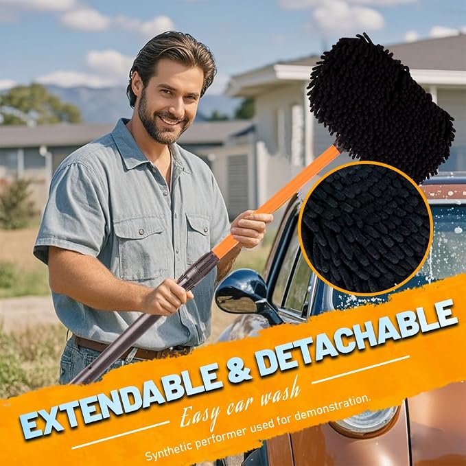 Car Wash Brush with Long Handle, Chenille Microfiber Car Wash Mop Kit, Scratch Free Car Cleaning Supplies with Ergonomic 15掳 Curved Extension Pole for RV Truck Boat Windshield - Orange