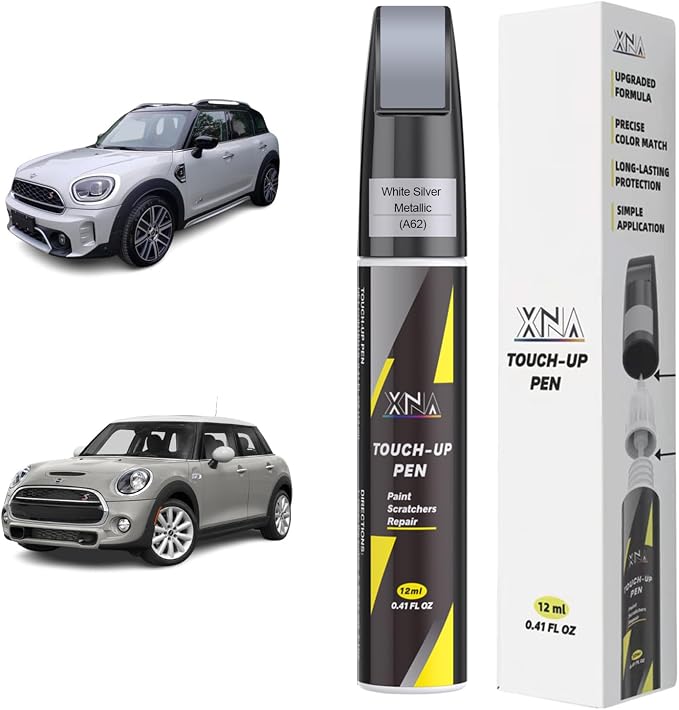 XNA White Silver Metallic(A62) for MINI Touch Up Paint, 2 in 1 Car Scratch Remover with Pen Tip and Brush, Exact Color-Matched for Car Paint Scratch Repair, Quick & Easy Fix Chips and Nicks