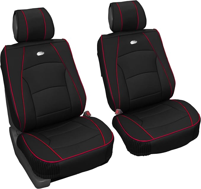FH Group Front Set Faux Leather Car Seat Cushions - 2 Pack Seat Covers for Cars Trucks, SUV, Waterproof Car Seat Cover, Universal Fit, Black Red Trim