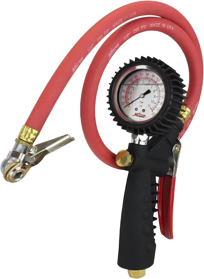 Milton 573A Pro Analog Pistol Grip Inflator with Pressure Gauge - 36" Hose Ball Chuck w/Clip - Assembled in USA 160 PSI