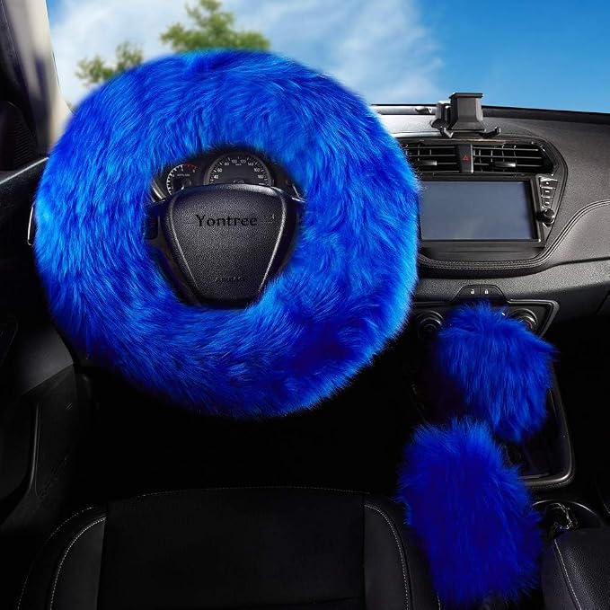 Yontree Fashion Fluffy Steering Wheel Covers for Women/Girls/Ladies Australia Pure Wool 15 Inch 1 Set 3 Pcs (Blue)