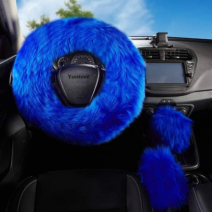Yontree Fashion Fluffy Steering Wheel Covers for Women/Girls/Ladies Australia Pure Wool 15 Inch 1 Set 3 Pcs (Blue)