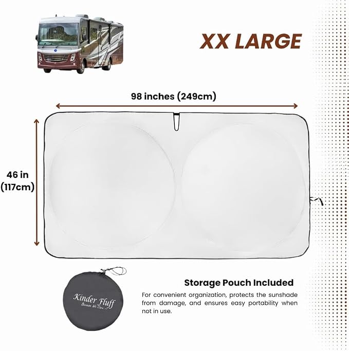 Windshield Sun Shade | fits RV Class-A | Certified 99.87% UVB & 99.02% UVA Protection Sun Shade. Award Winning Sunshade for Car Windshield with Patented Technology. Car Window Shades by Kinder Fluff