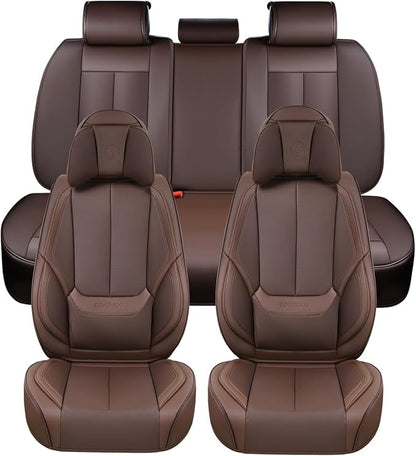 Coverado Front and Back Seat Covers, Waterproof Nappa Leather Auto Seat Protectors Full Set with Head Pillow, 5 Pieces Universal Car Accessories Fit for Most Sedans SUV Pick-up Truck, Brown