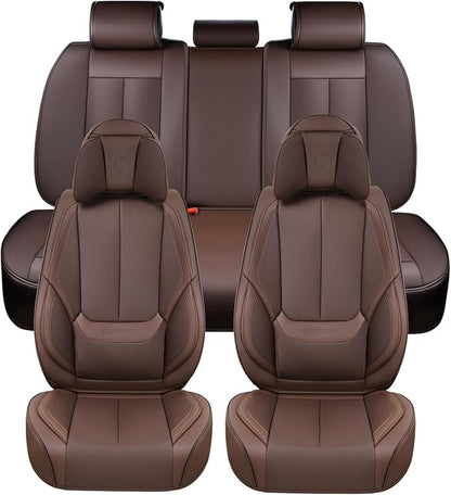 Coverado Front and Back Seat Covers, 5 Pieces Waterproof Nappa Leather Auto Seat Protectors Full Set with Head Pillow, Universal Car Accessories Fit for Most Sedans SUV Pick-up Truck, Brown