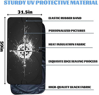 Black White Compass Car Windshield Sunshades, 59" L x 31.5" W, Universal Fit, UV Protection, Cooling Effect, Easy To Install, Perfect For SUV, Truck, Sedan