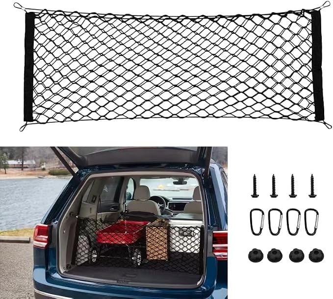 43.3” x 15.7” Cargo Net Trunk Bed Extender, Envelope Mesh Truck Bed Organizer Car Exterior Accessories, Universal Elastic Trunk Storage Net with Metal Hook