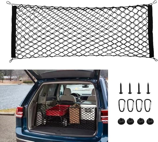 43.3” x 15.7” Cargo Net Trunk Bed Extender, Envelope Mesh Truck Bed Organizer Car Exterior Accessories, Universal Elastic Trunk Storage Net with Metal Hook