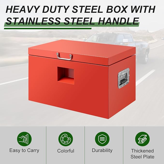 24" Truck Tool Box,Heacy Duty Metal Storage Organizer with Strong locking tongue,Trailer Tongue Box with Safe Hinge, for Truck,Pickup,RV,Garage,Best gift for family and friend,Red Power Coating