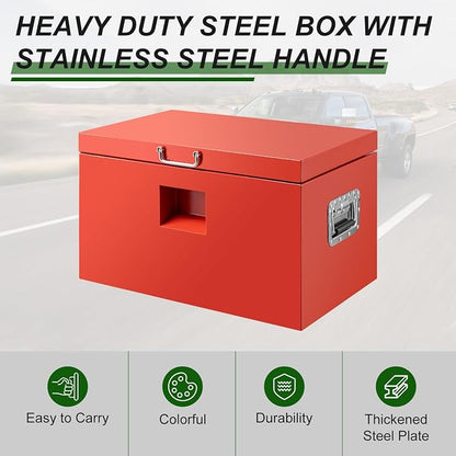 24" Truck Tool Box,Heacy Duty Metal Storage Organizer with Strong locking tongue,Trailer Tongue Box with Safe Hinge, for Truck,Pickup,RV,Garage,Best gift for family and friend,Red Power Coating