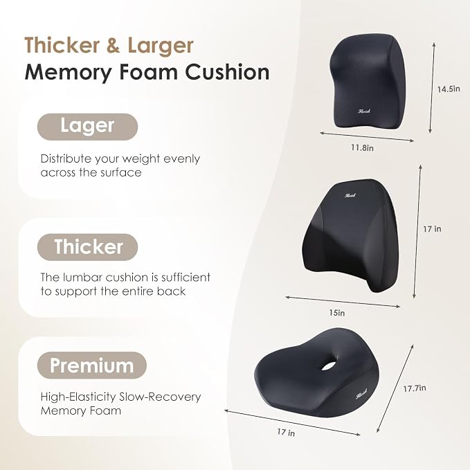 FLORICH Upgraded 3-in-1 Memory Foam Car Seat Cushion Set with Lumbar Support & Neck Pillow, Washable Driving Seat Cushion for Back & Sciatica Pain Relief, Non-Slip Seat Cushion for Car, Office-Black