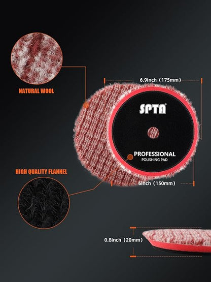 SPTA Wool Polishing Pads, 2Pcs 6 Inch (150mm) Wool Cutting Pad, Short Hair Wool Buffing and Polishing Pad Set, Wool Buffing Wheel for Heavy Cut for 6 Inch Car Polisher Polishing, Buffing and Cutting