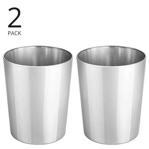 mDesign Round Metal Small 1.7 Gallon Recycle Trash Can Wastebasket, Garbage Container Bin for Bathrooms, Kitchen, Bedroom, Home Office - Durable Stainless Steel - Mirri Collection - 2 Pack - Chrome