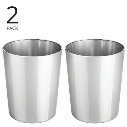 mDesign Round Metal Small 1.7 Gallon Recycle Trash Can Wastebasket, Garbage Container Bin for Bathrooms, Kitchen, Bedroom, Home Office - Durable Stainless Steel - Mirri Collection - 2 Pack - Chrome