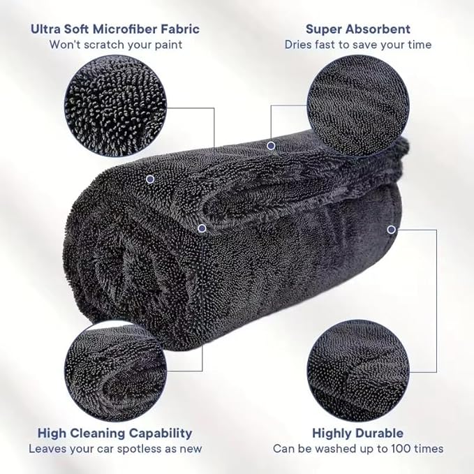 ZAID Car Drying Towel 1200 GSM Microfiber Double Twist Pile & Edgeless Design, 1 Quick & Effortless Dry - 24” x 36”
