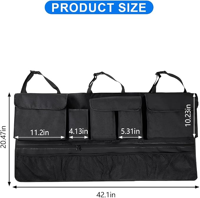 Mandark Car Trunk Organizer, Super Capacity Vehicle Hanging Backseat Cargo Storage Bag with Robust Elastic Net, Detachable Auto Seat Back Organizing Bag, Universal for SUV, Truck, RV（Black/Black）