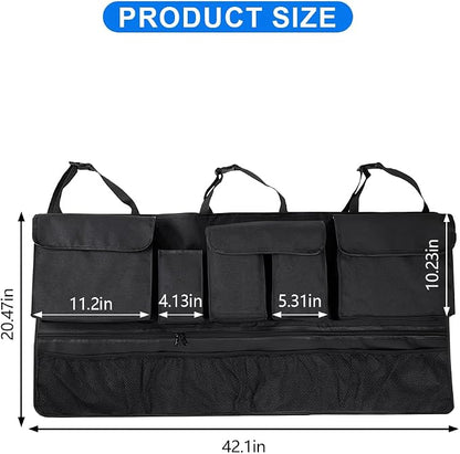 Mandark Car Trunk Organizer, Super Capacity Vehicle Hanging Backseat Cargo Storage Bag with Robust Elastic Net, Detachable Auto Seat Back Organizing Bag, Universal for SUV, Truck, RV（Black/Black）