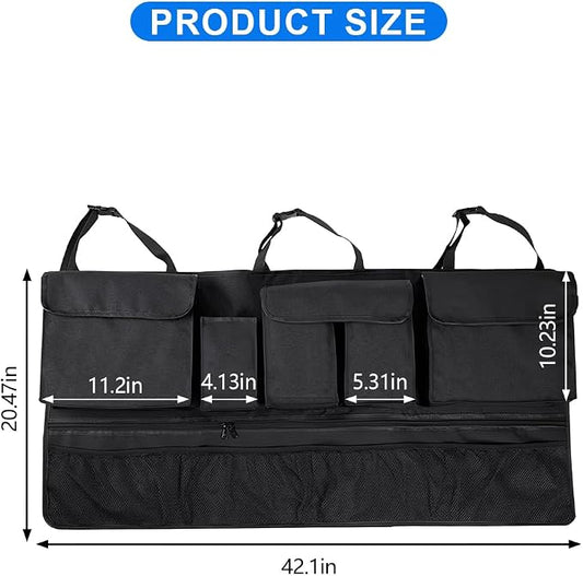 Mandark Car Trunk Organizer, Super Capacity Vehicle Hanging Backseat Cargo Storage Bag with Robust Elastic Net, Detachable Auto Seat Back Organizing Bag, Universal for SUV, Truck, RV（Black/Black）
